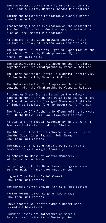 The Kalachakra Tantra The Rite of Initiation H.H. Dalai Lama & Jeffrey Hopkins. Wisdom Publications

Taking the Kalachakra Initiation Alexander Berzin,
Snow Lion Publications

Transcending Time an Explanation of the Kalachakra Six-Session Guru Yoga, Gen Lamrimpa, translated by Alan Wallace. Wisdom Publications

Kalachakra Tantra Geshe Ngawang Dhargyey, Allan Wallace. (Library of Tibetan Works and Archives) 

The Ornament Of Stainless Light An Exposition of the Kalachakra Tantra by Khedrup Norsang Gyatso,
trans. by Gavin Kilty

The Kalacakratantra: The Chapter on the Individual Together with the Vimalaprabha by Vesna A. Wallace

The Inner Kalachakra Tantra: A Buddhist Tantric view of the individual by Vesna A. Wallace

The Kalacakratantra: The Chapter on the Sadhana together with the Vimalaprabha by Vesna A. Wallace

As Long As Space Endures Essays on the Kalacakra Tantra in Honor of H.H. the Dalai Lama ed. by Edward A. Arnold on behalf of Namgyal Monastery Institute of Buddhist Studies, fore. by Robert A. F. Thurman

The Practice Of Kalachakra by Glenn Mullin, foreword by H.H.the Dalai Lama, Snow Lion Publications

Kalacakra & The Tibetan Calendar by Edward Henning,
American Institute Of Buddhist Studies

The Wheel of Time the Kalachakra in Context, Geshe Lhundup Sopa, Roger Jackson, John Newman.
Snow Lion Publications

The Wheel of Time sand Mandala by Barry Bryant in cooperation with Namgyal Monastery

Kalachakra by Monks of Namgyal Monastery,
ed. by Laura Harrington

Deity Yoga, H.H. the Dalai Lama, Tsong-ka-pa and Jeffrey Hopkins. Snow Lion Publications

Highest Yoga Tantra Daniel Cozort.
Snow Lion Publications

The Mandala Martin Brauen. Serindia Publications

Myriad Worlds Jamgon Kongtrul Lodro Taye.
Snow Lion Publications

Encyclopaedia of Tibetan Symbols Robert Beer.
Serindia Publications

Buddhist Basics and Kalachakra animated CD Interactive Multimedia by She Drup Ling